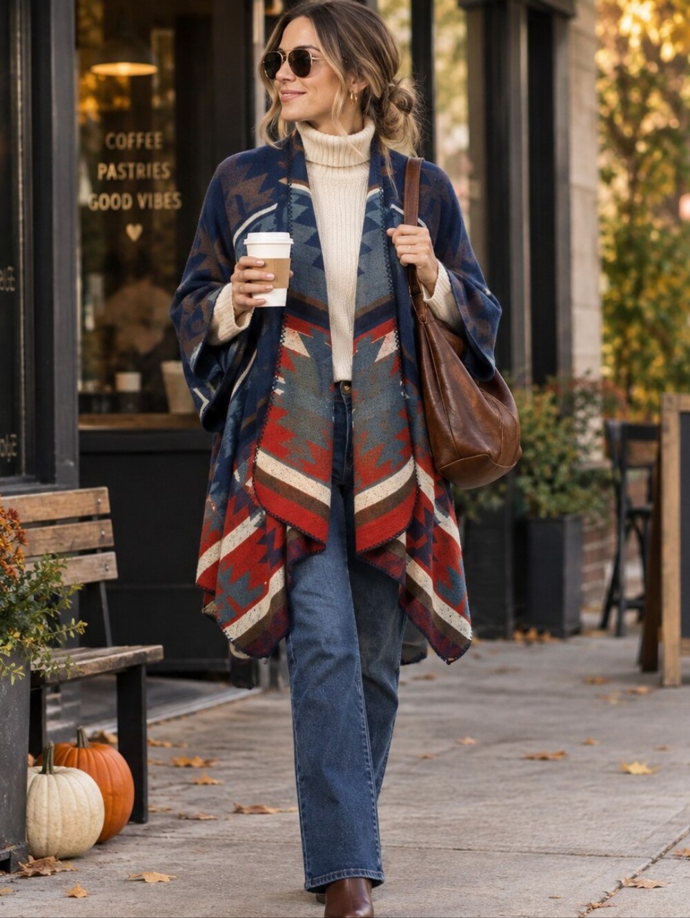 Womens Aztec Southwestern Multicolor Blanket Poncho One Size